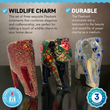 Load image into Gallery viewer, SET OF THREE PAPER MACHE ELEPHANT ORNAMENTS | Animal Decorations | Wildlife Sculptures | Paper Mache Animals | Multi coloured | Home Decor | Elephants represent Good Luck
