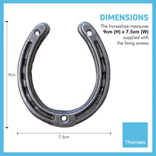 Load image into Gallery viewer, Decorative Cast Iron Horseshoe | cast iron decorative wall door decor | Wedding Arts and Craft | Fixing screws included | 9cm (h) x 7.5cm (w) | Horse shoe good luck charm
