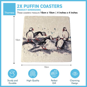2 x PUFFIN STONE COASTERS | Stone Coasters | Animal novelty gift | Coaster for glass, mugs and cups| Square coaster for drinks | Puffin gift | Meg Hawkins art | 10cm x 10cm