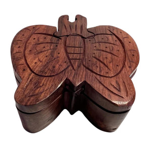 4-piece Butterfly Wooden Puzzle Box | Wooden Butterfly Puzzle Box | Handmade wooden puzzle box | Handmade Wooden trinket secrets Box | Sustainable Shesham wooden hand carved box | 12cm (w) x 5cm (h)