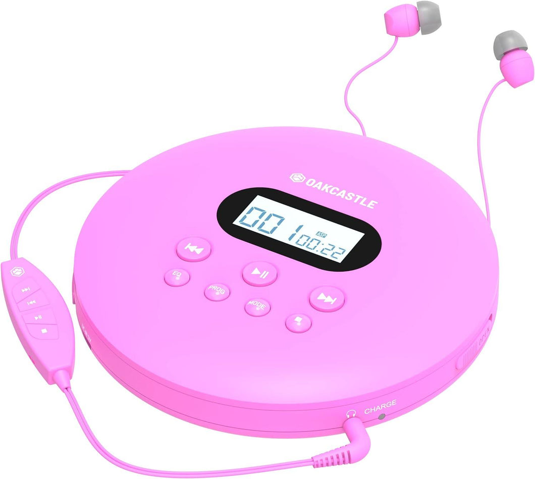 Pink Oakcastle CD100 RECHARGEABLE BLUETOOTH CD PLAYER | 12hr Portable Playtime | In Car Compatible Personal CD Player | Headphones Included, AUX Output, Anti-Skip Protection, Custom EQ, CD Walkman (Pink)