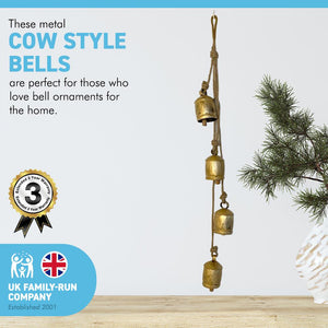 4 LARGE COW BELLS Distressed Gold hanging on a Rustic Rope | Cow Bells | Bells | Ornamental Bells | Decorative Bells | Rustic Bells | Christmas Bells | Decorations | Home decor