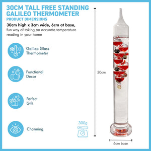 30cm Tall Free Standing Galileo Thermometer with seven red floating globes | measures temperatures from 16 degrees Centigrade to 28 degrees | also in Fahrenheit | Weather station | Water Thermometer