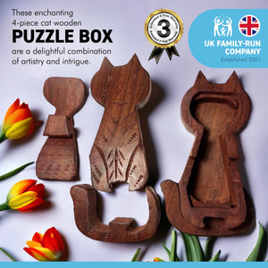 4-piece Pussy Cat Wooden Puzzle Box | Wooden Cat Puzzle Box | Handmade wooden puzzle box | Handmade Wooden trinket secrets Box | Sustainable Shesham wooden hand carved box | 17cm (w) x 5cm (h)