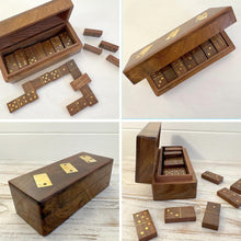 Load image into Gallery viewer, Solid Wood Dominoes Set with Brass Inlay Storage Box - 28 Tiles with Brass Spots and a Hinged Lid

