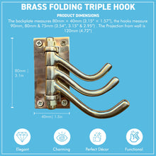 Load image into Gallery viewer, 𝗕𝗥𝗔𝗦𝗦 𝗙𝗢𝗟𝗗𝗜𝗡𝗚 𝗧𝗥𝗜𝗣𝗟𝗘 𝗛𝗢𝗢𝗞 Wall Mount – Space-Saving Coat and Hat Rack
