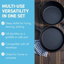 Load image into Gallery viewer, 𝗖𝗔𝗦𝗧 𝗜𝗥𝗢𝗡 𝗦𝗞𝗜𝗟𝗟𝗘𝗧 &amp; 𝗟𝗜𝗗 3.3L – Combo Cooker for Oven, Hob and campfires.
