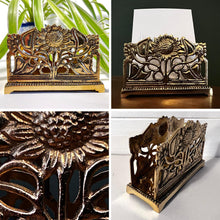 Load image into Gallery viewer, Art Nouveau Style Polished Brass Sunflower Letter Rack – Decorative Notelet &amp; Letter Holder for Home or Office
