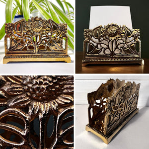 Art Nouveau Style Polished Brass Sunflower Letter Rack – Decorative Notelet & Letter Holder for Home or Office