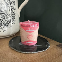 Load image into Gallery viewer, Root (Red) - Chakra Candle  | Standing at about 4.5 centimetres tall (1.75 inches), emanates an aura of rustic charm, invoking the essence of the earth itself.
