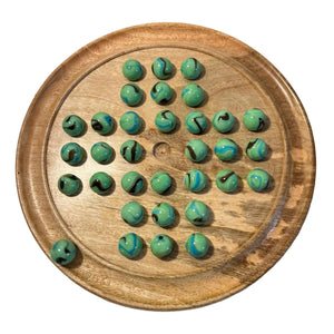 30cm Diameter WOODEN SOLITAIRE BOARD GAME with BUTTERFLY GLASS MARBLES | classic wooden solitaire game | strategy board game | family board game | games for one | board games