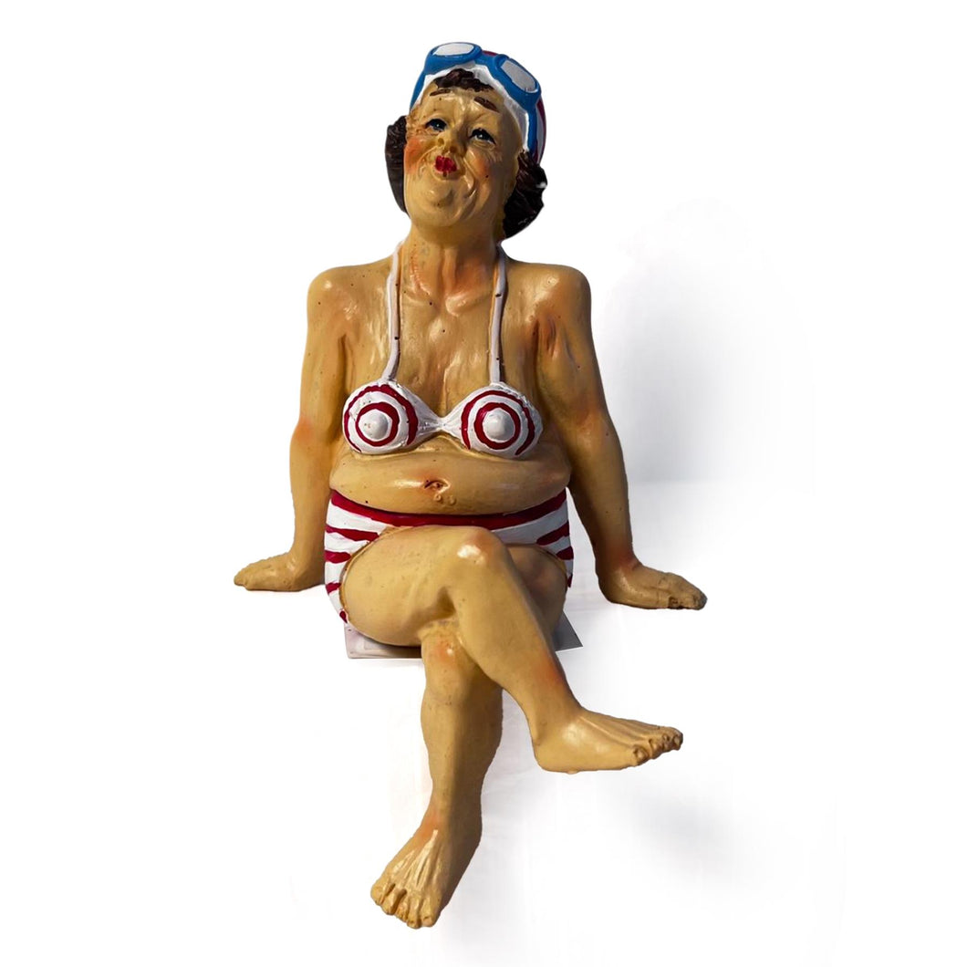 Retro Style Fat Bathing Lady in Red Striped Bikini, Novelty Bathroom Figurine