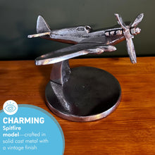 Load image into Gallery viewer, Distressed Silver Aluminum Spitfire Model Plane on Stand – Vintage Aircraft Decor Collectible
