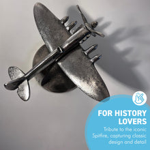 Load image into Gallery viewer, Distressed Silver Aluminum Spitfire Model Plane on Stand – Vintage Aircraft Decor Collectible
