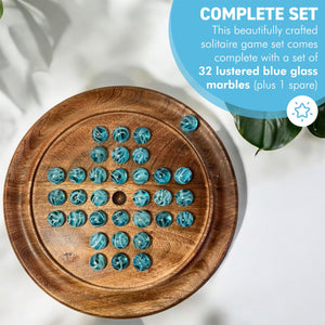 22cm Diameter wooden SOLITAIRE BOARD GAME with BRILLIANT BLUE OXYGEN GLASS MARBLES | classic wooden solitaire game | strategy board game | family board game | games for one | board games