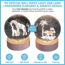 Load image into Gallery viewer, Set of Two 3D Crystal Ball Night Light USB Lamp with Elephant and Giraffe designs, elegant modern illumination for any room
