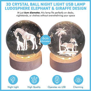 Set of Two 3D Crystal Ball Night Light USB Lamp with Elephant and Giraffe designs, elegant modern illumination for any room