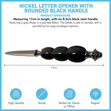 Load image into Gallery viewer, Nickel Letter Opener with black and grey round handle, perfect for school, home, or office use
