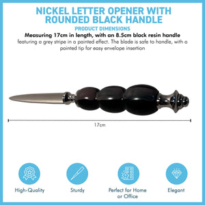 Nickel Letter Opener with black and grey round handle, perfect for school, home, or office use