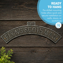 Load image into Gallery viewer, Flying Scotsman Cast Iron Wall Plaque – Vintage-Style Railway Sign for Shed, Office, Bedroom or Man Cave | 30cm
