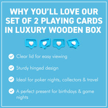 Load image into Gallery viewer, 𝗟𝗨𝗫𝗨𝗥𝗬 𝗪𝗢𝗢𝗗𝗘𝗡 𝗣𝗟𝗔𝗬𝗜𝗡𝗚 𝗖𝗔𝗥𝗗 𝗕𝗢𝗫 – 2 Decks, Brass Inlay, clear hinged lid
