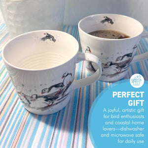 Pair of Puffin Group Mugs, 100% Bone China, Gift for Nature Lovers, Coastal Home Decor