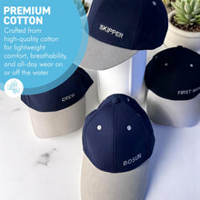 Load image into Gallery viewer, Set of 4 Adjustable Navy-Blue Baseball Caps, Skipper, First Mate, Bosun and Crew, Nautical Boating Hats for Sailing, Yachting &amp; Team Uniform
