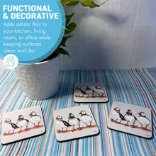 Load image into Gallery viewer, Set of 4 x Cork Coasters with Watercolour Design of Puffins, Wildlife Coaster
