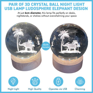 Set of Two 3D Crystal Ball Night Light USB Lamp with Elephant designs, elegant modern illumination for any room