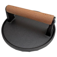 Load image into Gallery viewer, 𝗛𝗘𝗔𝗩𝗬 𝗗𝗨𝗧𝗬 𝗖𝗔𝗦𝗧 𝗜𝗥𝗢𝗡 𝗦𝗧𝗘𝗔𝗞 𝗣𝗥𝗘𝗦𝗦: 17cm (7in) Non-Stick Round Grill Press | Wooden Handle for Burgers, Bacon &amp; Steaks | Flat Top Griddle | BBQ Meat Press
