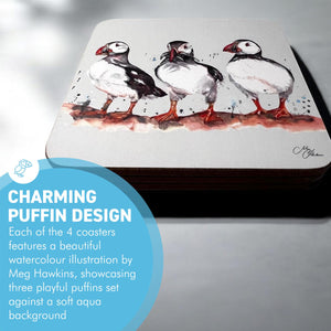 Set of 4 x Cork Coasters with Watercolour Design of Puffins, Wildlife Coaster