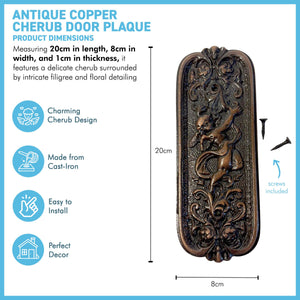 Antique Rustic Copper Door Push Plate with Ornate Cherub Design - Vintage Finger Plate Decor