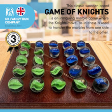 Load image into Gallery viewer, Knights marble game with wooden board | Played using the Knights move as in chess | Quirky solitaire marble game | includes 24 glass marbles and wooden board | 14cm x 14cm
