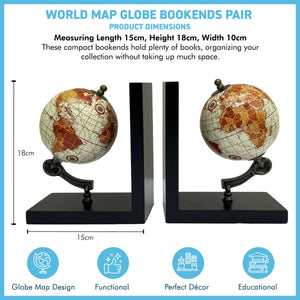 Classic World Map Globe Bookends - Elegant Home & Office Desk Accessory, Stylish Decoration