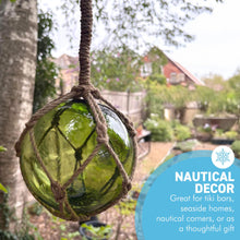 Load image into Gallery viewer, DEEP GREEN GLASS FISHING FLOAT ORNAMENTAL SEA BUOY | hand blown | nautical seafaring fishing rustic décor | 10cm diameter | with rustic brown string netting and hanging loop
