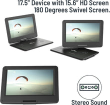 Load image into Gallery viewer, 17.5&quot; Portable DVD Player | Rechargeable DVD Player Portable with 15.6 inch HD Swivel and Flip Screen | Mains or Car Powered, Region Free, Anti-Shock Protect, Remote Control | Oakcastle DVD175
