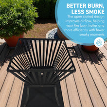 Load image into Gallery viewer, 𝗛𝗘𝗔𝗩𝗬 𝗗𝗨𝗧𝗬 𝗦𝗧𝗘𝗘𝗟 𝗦𝗧𝗔𝗡𝗗𝗜𝗡𝗚 𝗙𝗜𝗥𝗘 𝗕𝗔𝗦𝗞𝗘𝗧 𝘄𝗶𝘁𝗵 𝗔𝘀𝗵 𝗧𝗿𝗮𝘆 𝗛𝟰𝟱 𝘅 𝗪𝟯𝟵𝗰𝗺 | Fire Pit | Raised Design | 4-Leg Base | Easy Assembly | Outdoor Fire Bowl
