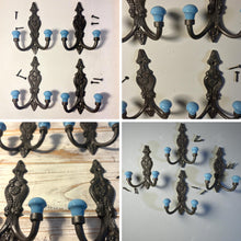 Load image into Gallery viewer, Set of 4 𝗙𝗥𝗘𝗡𝗖𝗛 𝗦𝗧𝗬𝗟𝗘 𝗖𝗔𝗦𝗧 𝗜𝗥𝗢𝗡 𝗗𝗢𝗨𝗕𝗟𝗘 𝗛𝗢𝗢𝗞𝗦 – Duck Egg Blue Ceramic Tops, Wall Coat Hooks for Hallway, Cloakroom, Bedroom
