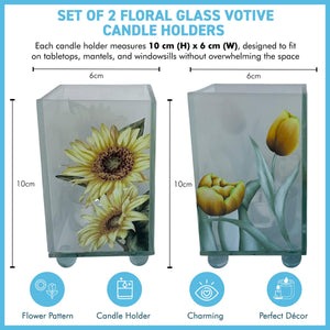 Set of 2 Floral Glass Votive Candle Holders,  Sunflower & Yellow Tulip