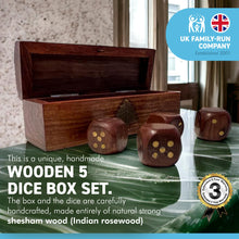Load image into Gallery viewer, WOODEN HAND-CRAFTED DICE STORAGE BOX | Includes 5 wooden Dice | Brass inlaid embellishments | Dice Game | | Sustainable Shesham wooden hand carved box | 12.5cm (l) x 4.5cm (h) x 4cm (w)
