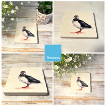 Load image into Gallery viewer, PROFESSOR PUFFIN STONE COASTER | Stone Coasters | Animal novelty gift | Coaster for glass, mugs and cups| Square coaster for drinks | Puffin gift | Meg Hawkins art | 10cm x 10cm
