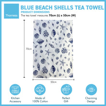 Load image into Gallery viewer, Blue Beach Shells Tea Towel | 100% Cotton tea towel | Kitchen hand towel | Nautical gift | Beach themed gift | Perfect gift for beach lovers | 70 cm x 50 cm
