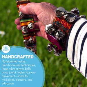 2 x Peruvian style Wrist Bells with colourful strap, Handcrafted Percussion Instruments