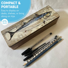 Load image into Gallery viewer, Nautical Wooden Treasure Chest with Mackerel Fish Design for Pencil Fishing Tackle and Decor
