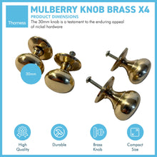 Load image into Gallery viewer, Mulberry Brass Knob | Set of 4 door knobs | Brass cupboard knobs | Cabinet hardware | Antique brass cupboard handles | Cupboard door handles | 30mm

