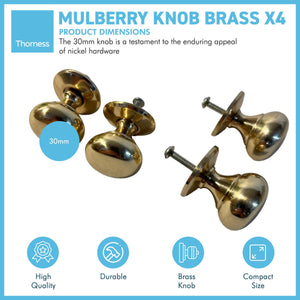 Mulberry Brass Knob | Set of 4 door knobs | Brass cupboard knobs | Cabinet hardware | Antique brass cupboard handles | Cupboard door handles | 30mm