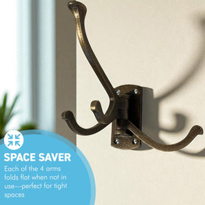 Four-way Folding Coat Hook | Antique Brass Swivel Hook | | Wall mounted for bathroom, kitchen, bedroom | Captains hook | independently swiveling arms | Versatile and elegant