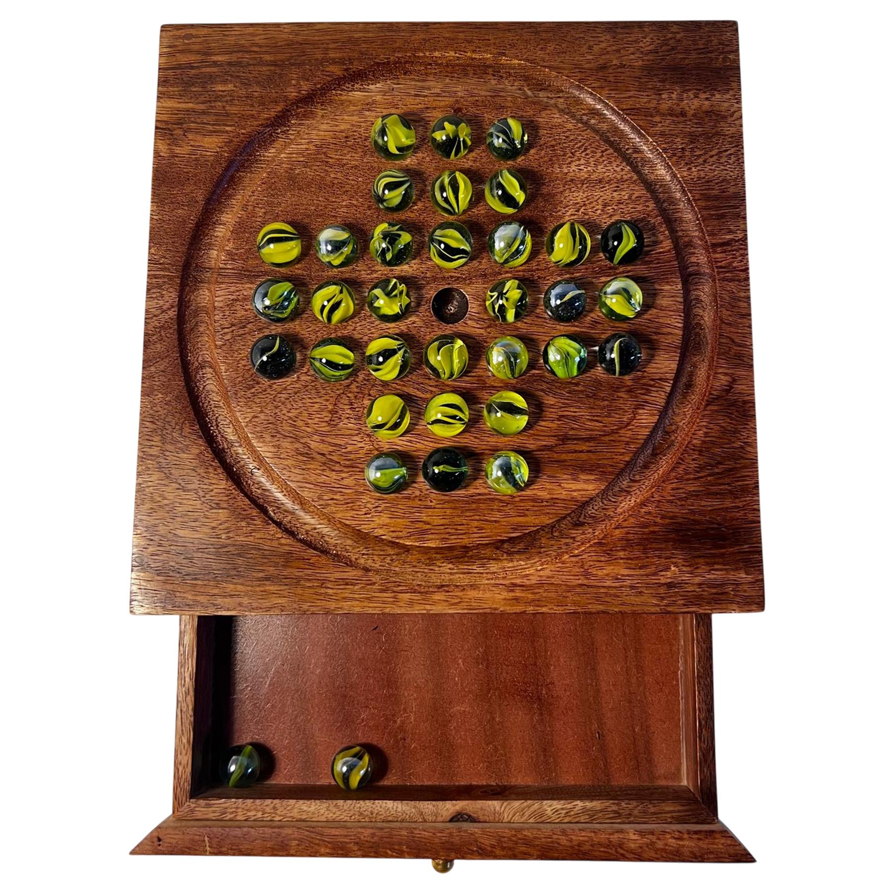 Wooden Solitaire Box With Marbles And Drawer U2013 Handcrafted Classic Puzzle Game With Storage, Premium Wooden Board For Adults & Kids, Or Home Decor(Natural Assorted Marbles