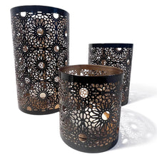 Load image into Gallery viewer, Set of 3 Moroccan-Style Round Tea Light Holders, Arabic Design, Black &amp; Gold Metal Finish - Perfect for Home Decor
