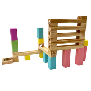 WOODEN 30 piece MARBLE RUN with six coloured glass marbles | Create and build different marble runs | Helps problem solving creativity and hand to eye coordination | Suitable for 4 and above